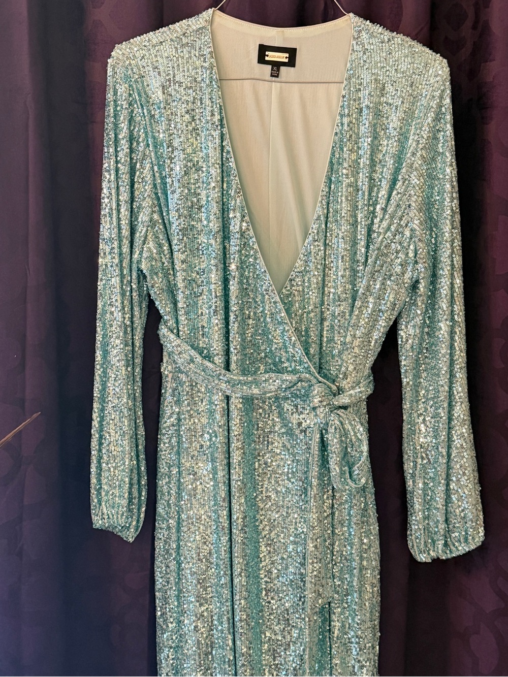 Sequin Wrap Long Sleeve Dress - Light Aqua by Alexia Admore